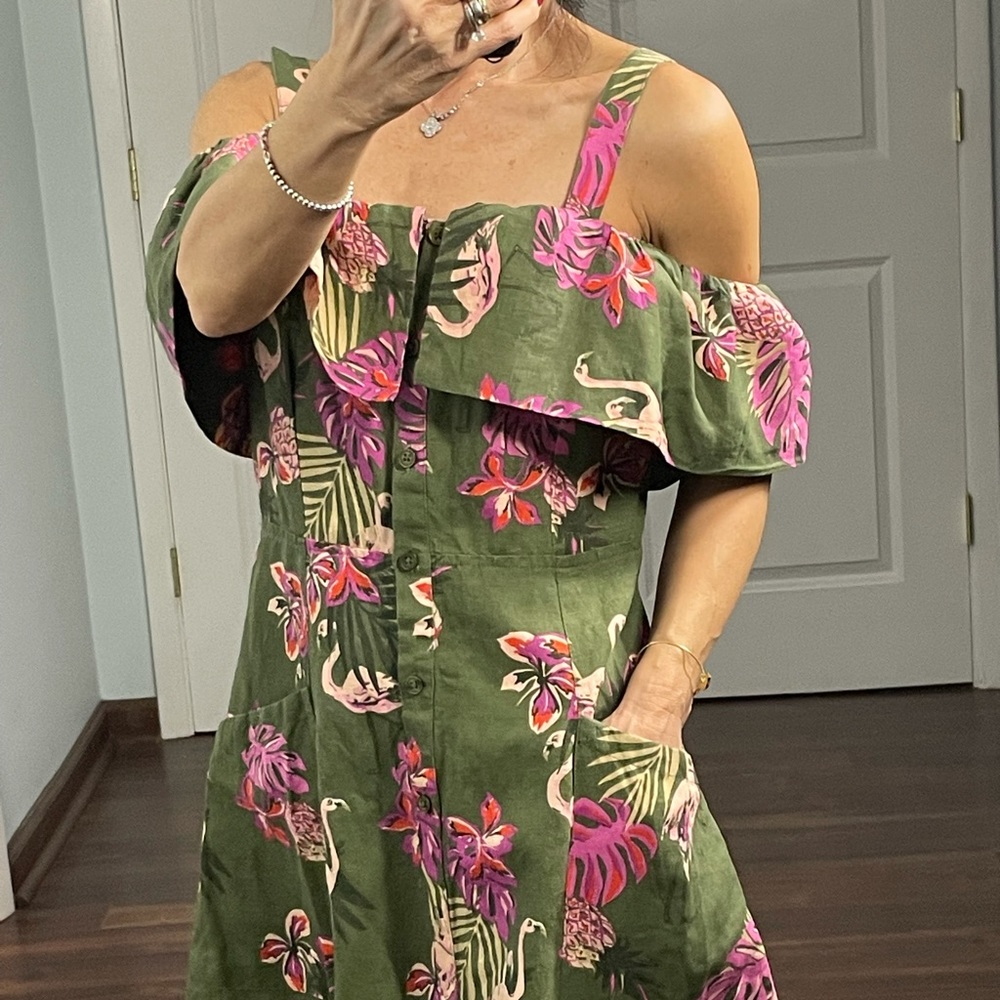 MNG Casual for Mango Linen Blend Pelican Print Cold Shoulder Dress size 6 - Picture 4 of 10